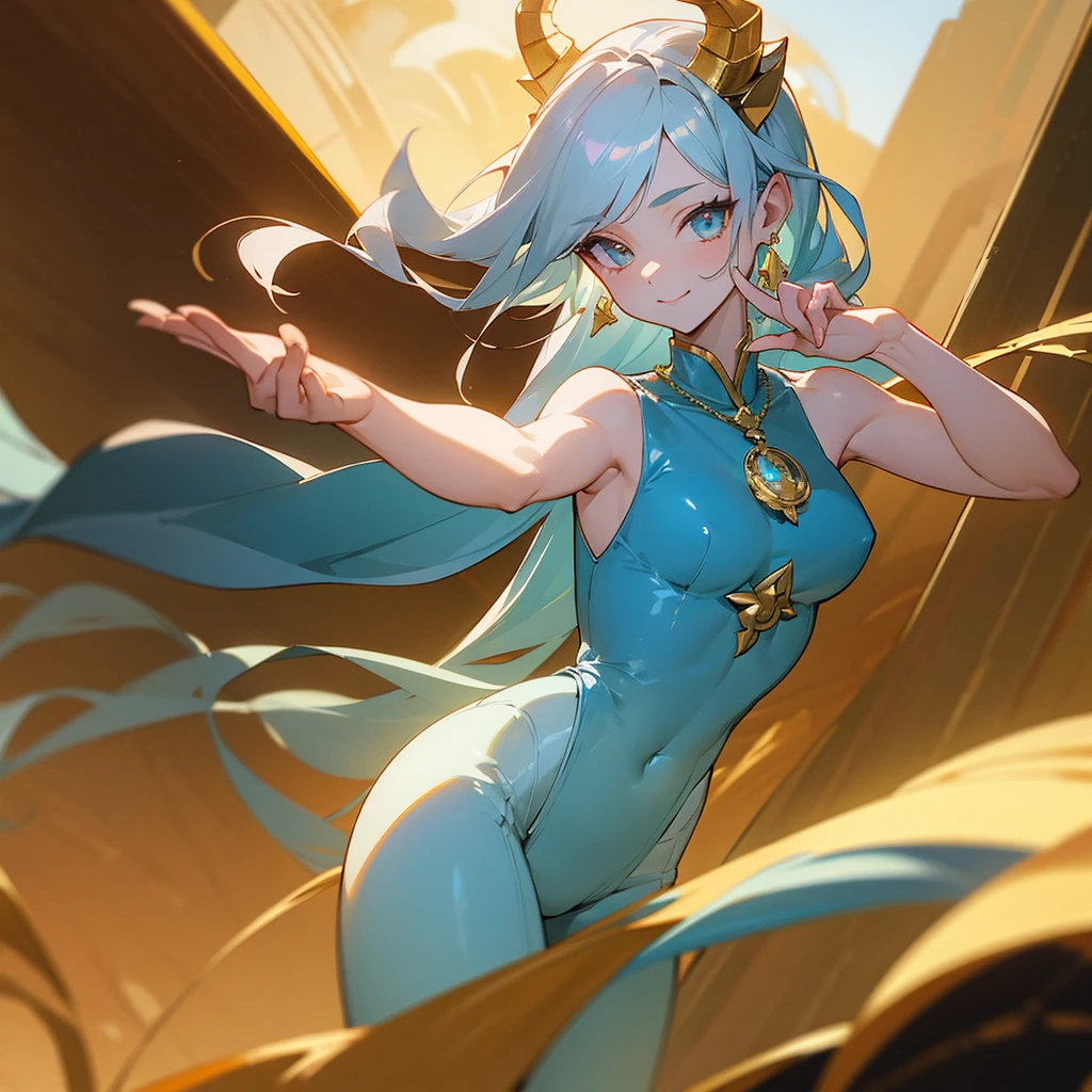 (masterpiece:1.3), (Absurd:1.3), (highest quality:1.3), (Very detailed:1.3), 1girl, Outdoor, Upper Body, wave hands, smile mischievously, standing, outdoor, peace sign, Hello, flirting expression, looking at viewer, long silver hair tied back, sharp golden eyes, pale skin, C-cup breasts, tall, muscular hourglass figure, beautiful six-pack, two beautiful simple golden dragon horns on the head, another set of short golden dragon horns under the ears, sharp golden dragon claws, dragon tail resemble light blue steel, dragon wings resemble light blue steel, blue pear earrings, light blue gemstone necklace with golden dragon phoenix pendant, white sleeveless crop top, ivory trousers, dark blue leather belt, dark blue platform sandals, zero-chan art,detailed digital anime art