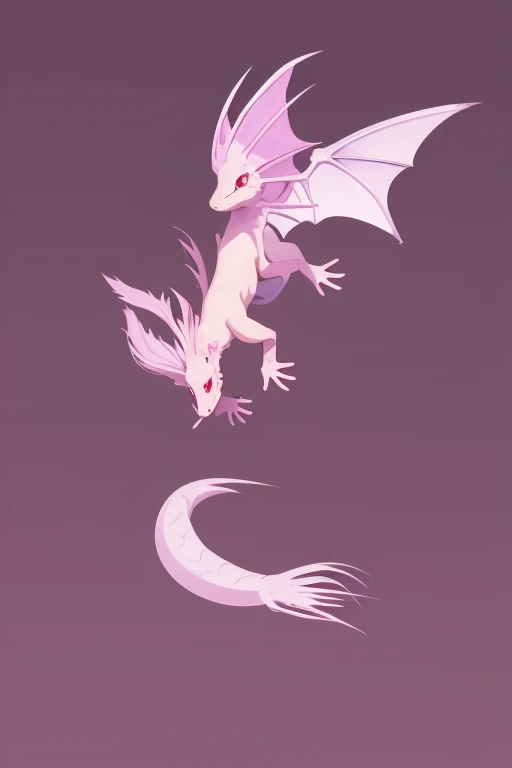 axolotl dragon flying pink looking straight at the viewer pale purple background