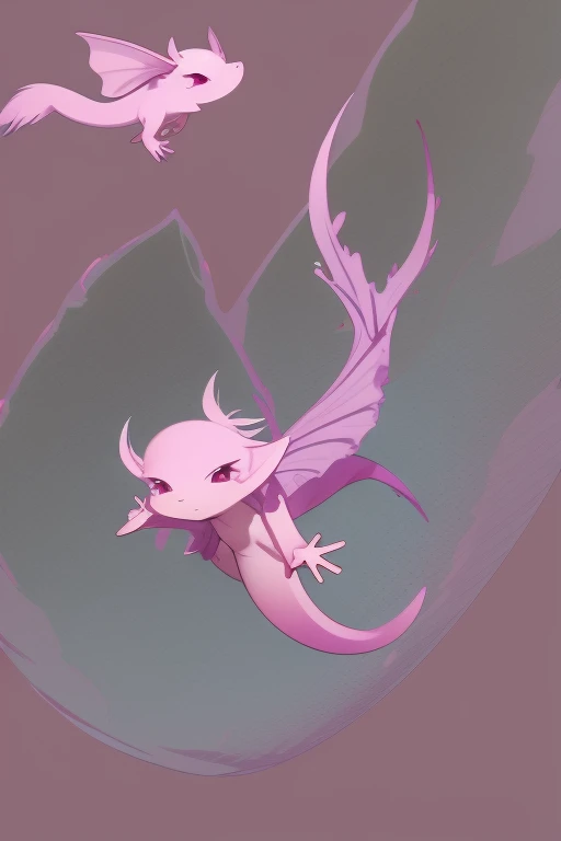 axolotl dragon flying pink looking straight at the viewer pale purple background
