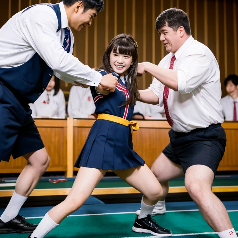 Highest quality　Japanese high school girl calligraphy club president being wrestled by strong men　bangs　Beautiful face　Leg spread required　tall　Cinematic　Thin　ponytail