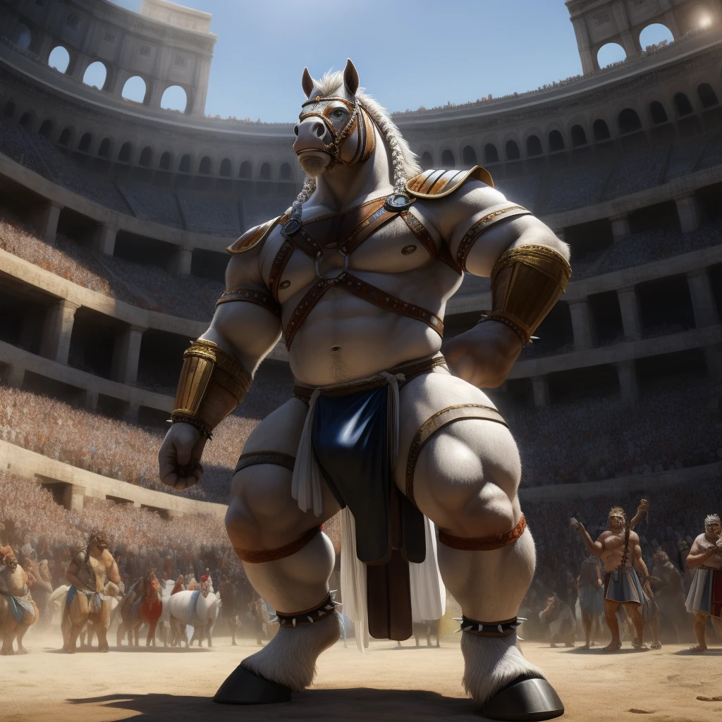 Furry, Kemono, Antropomorphic, Equine, solo, (Color White), Furry Antropometric legs, Hooves, Antro body, Bigg Ass, Male Bulge, Bigg Balls, Full body, Braided Mane, Roman gladiator armor, Gladiator, Black leather harness, Spiked Anklet, White fitted fundoshi, Roman arena with public in the stands, Blue Pupil Eyes, High Resolution, 4K Detailed, Good Lighting, Beautiful, Photorealistic, Realistic, White Fundoshi, tight loincloth, tale, tale horse