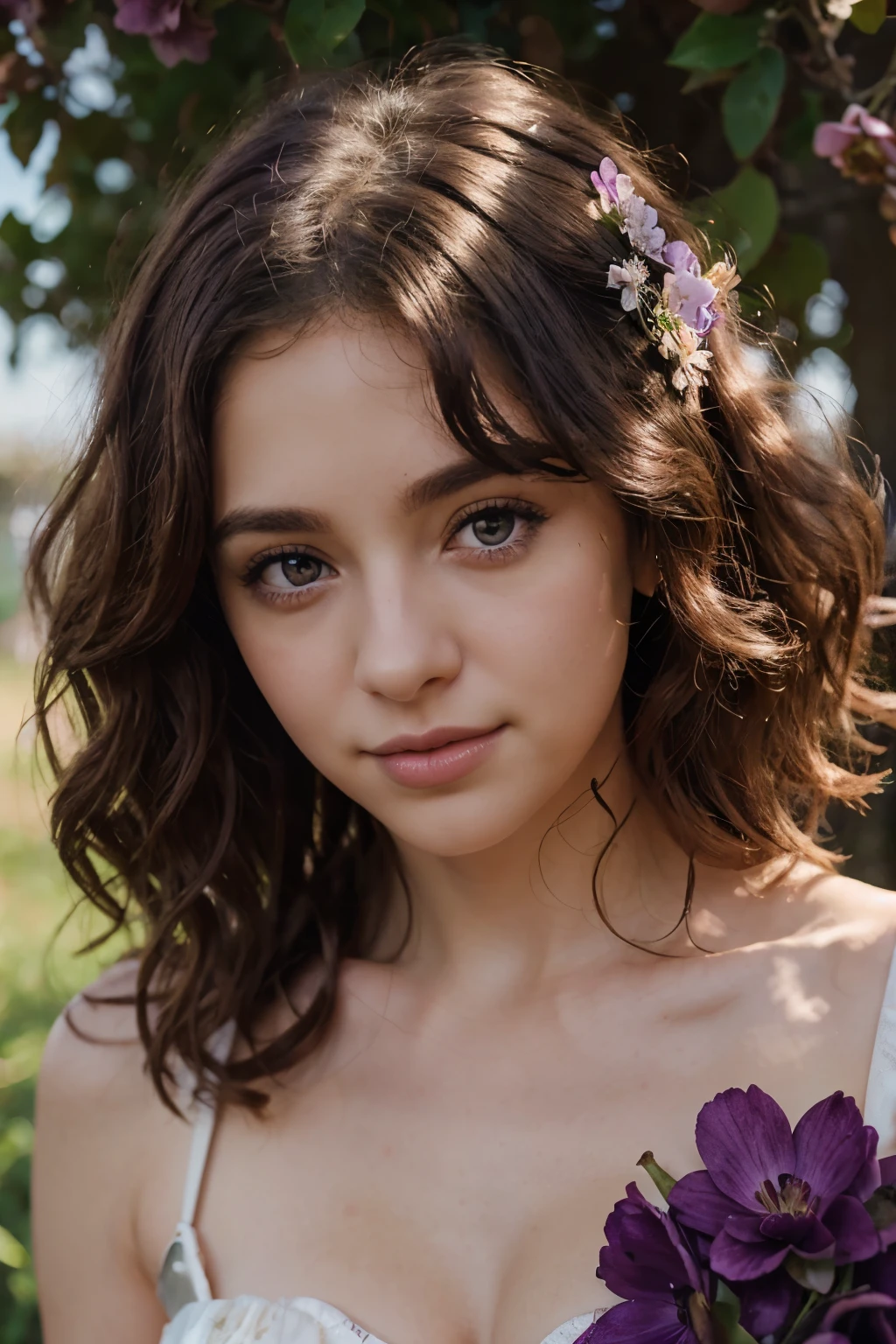 realistic, 1 , curly hair, purple eyes, shining eyes,  jine, parted lips, blush, night, flowers, sun, sunshine,