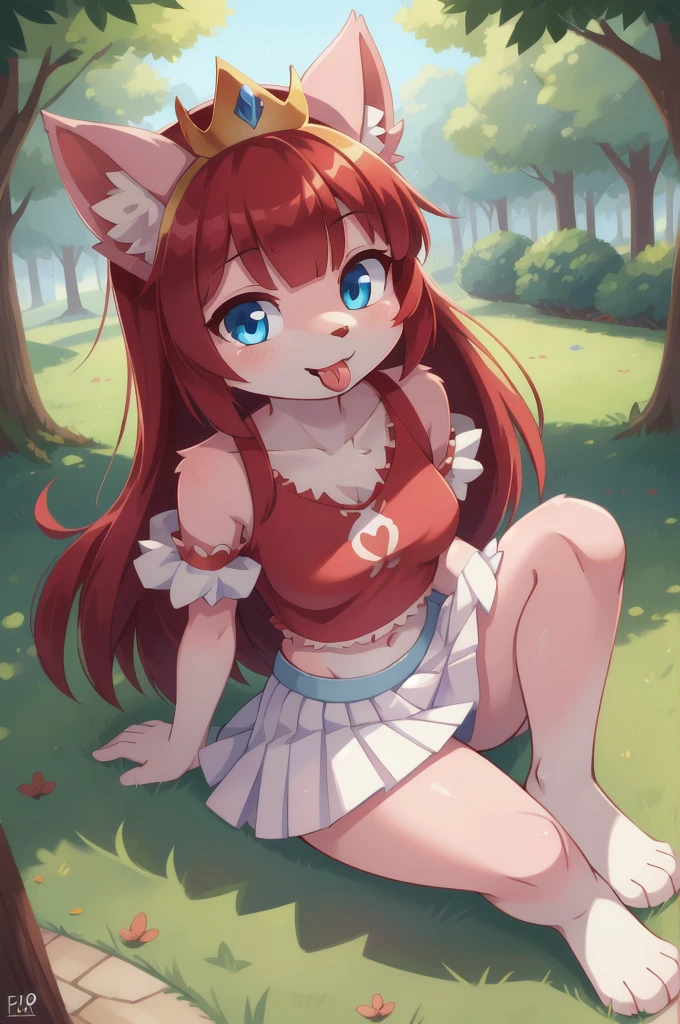 furry girl, cat, red hair, Knight bangs hairstyle, long ponytail, anime style, medium breasts, blue eyes, ((red frilly shirt, two shoulders, midriff, white skirt, princess crown)), lifted clothes, showing panties, showing breasts, high quality, detailed body, detailed eyes, detailed face, masterpiece, glistening body, detailed body fur, best quality, two tone body, pink fur, clear pink fur, perfect lighting, perfect shadows, perfect eyes, perfect hair, perfect face, gorgeous body, skinny, solo, tongue out, sitting, park, skinny, looking at viewer, full body, feets with three toes, 3 toes, score_9,score_8_up,score_7_up, source_cartoon, source_furry, glowing blue eyes, from above, motion blur, Birds Eye view,