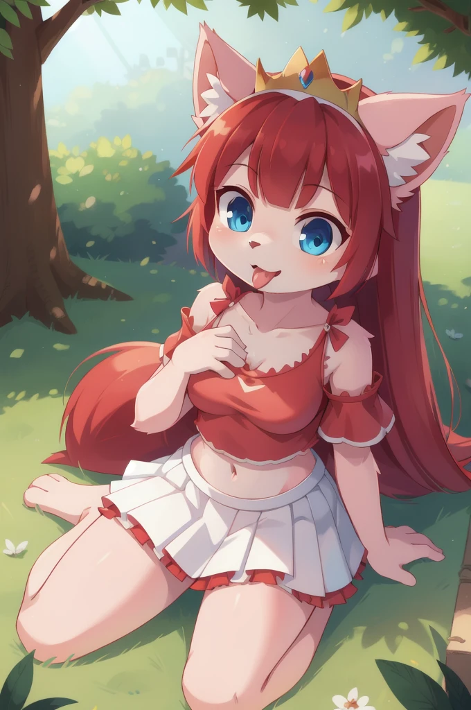 furry girl, cat, red hair, Knight bangs hairstyle, long ponytail, anime style, medium breasts, blue eyes, ((red frilly shirt, two shoulders, midriff, white skirt, princess crown)), lifted clothes, showing panties, showing breasts, high quality, detailed body, detailed eyes, detailed face, masterpiece, glistening body, detailed body fur, best quality, two tone body, pink fur, clear pink fur, perfect lighting, perfect shadows, perfect eyes, perfect hair, perfect face, gorgeous body, skinny, solo, tongue out, sitting, park, skinny, looking at viewer, full body, feets with three toes, 3 toes, score_9,score_8_up,score_7_up, source_cartoon, source_furry, glowing blue eyes, from above, motion blur, Birds Eye view,