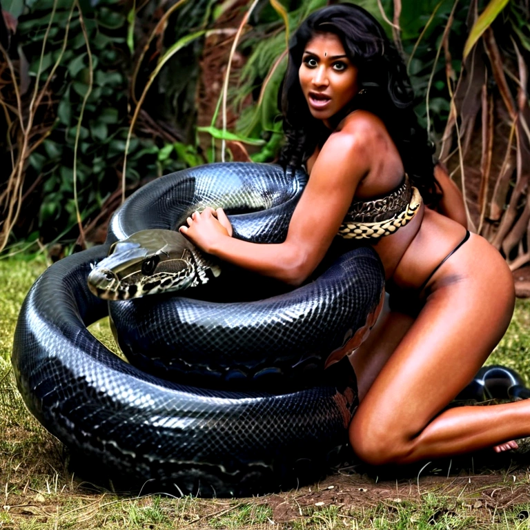 Happy Horny, aroused 1girl), beautiful kneeling Indian young girl with giant colossal black titanboa squeezing her hard, wrapped in thick spiraling coils, constricted, struggle, gasping for air, snake attack, snake peril, moonless night, dim light