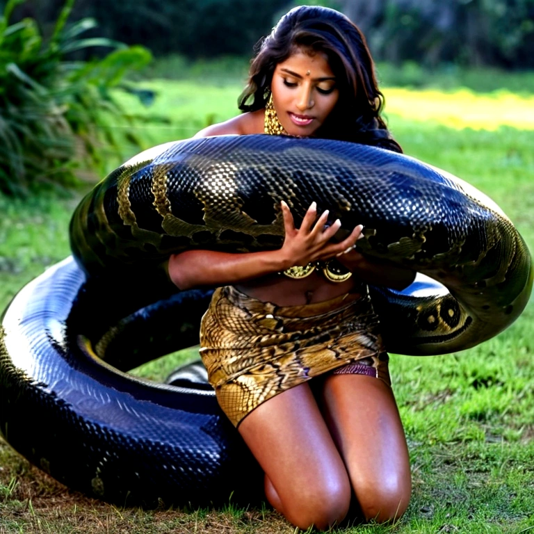 Happy Horny, aroused 1girl), beautiful kneeling Indian young girl with giant colossal black titanboa squeezing her hard, wrapped in thick spiraling coils, constricted, struggle, gasping for air, snake attack, snake peril, moonless night, dim light