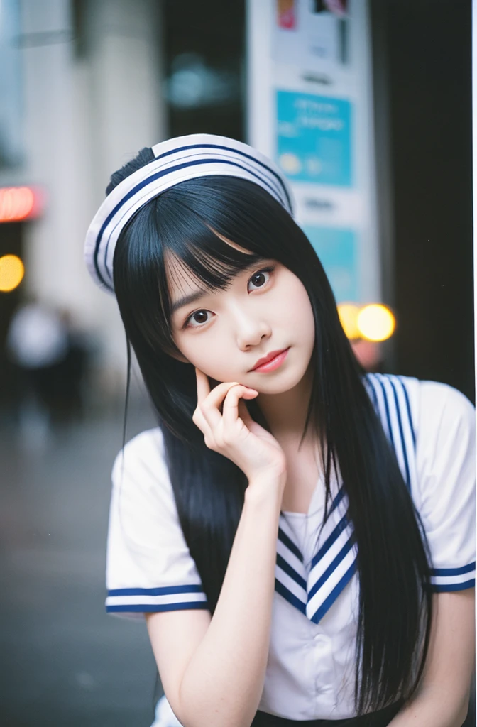 instax, snapshot, Realistic, Photography, jpop girl group's girl, Japanese-idol-face girl, A girl with a face like a beautiful anime cosplayer, 17-years-old, kawaii, Japanese sailor , black hair, straight hair, Lomography, blue and white, cinematic shot, dynamic pose, dynamic angle, in the style of y2k aesthetic