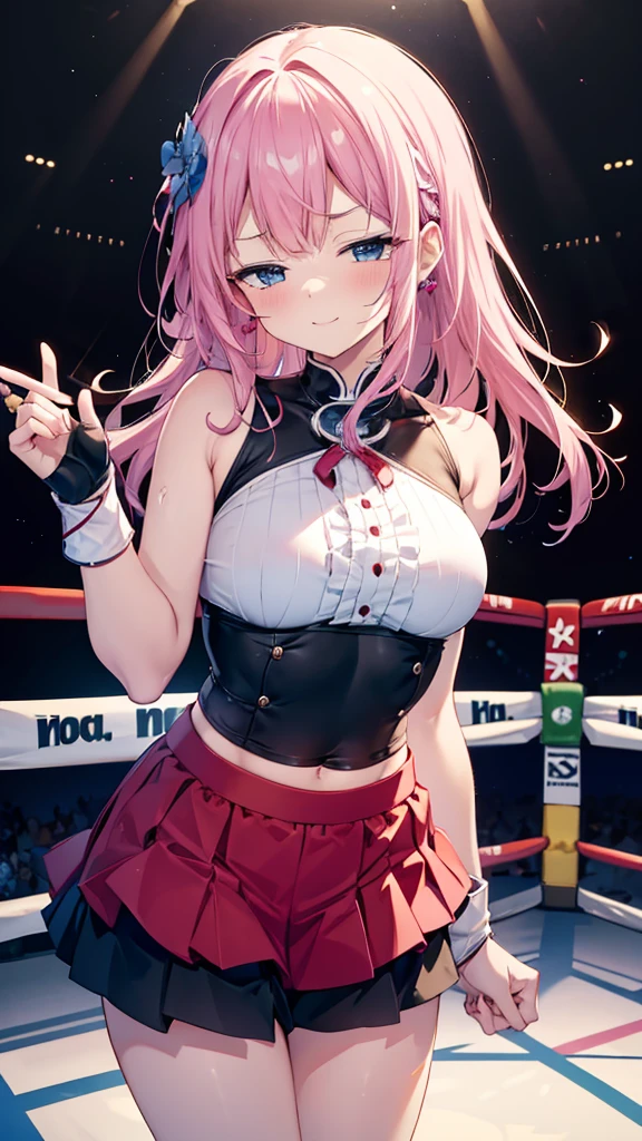 Cute girl with skirt belly punch in the corner of the ring,((masterpiece)), pink long hair,beautiful white skin、 ((charming))、happy smile、perfect proportions、(((Kickboxing)))、(((Mixed wrestling))), cute woman, baby face, BREAK source_anime, high detail, looking at viewer,POV, large chest, best quality, highly detailed, young face, white background,Droopy eyes, Calm face,A relaxed face,she attacks,frilly skirt