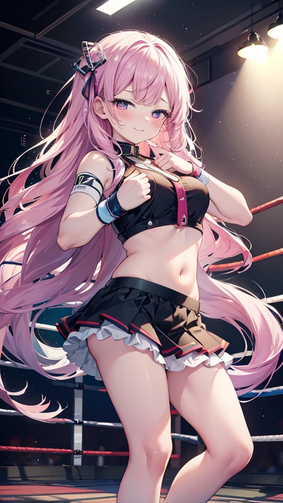 Cute girl with skirt belly punch in the corner of the ring,((masterpiece)), pink long hair,beautiful white skin、 ((charming))、happy smile、perfect proportions、(((Kickboxing)))、(((Mixed wrestling))), cute woman, baby face, BREAK source_anime, high detail, looking at viewer,POV, large chest, best quality, highly detailed, young face, white background,Droopy eyes, Calm face,A relaxed face,she attacks,frilly skirt