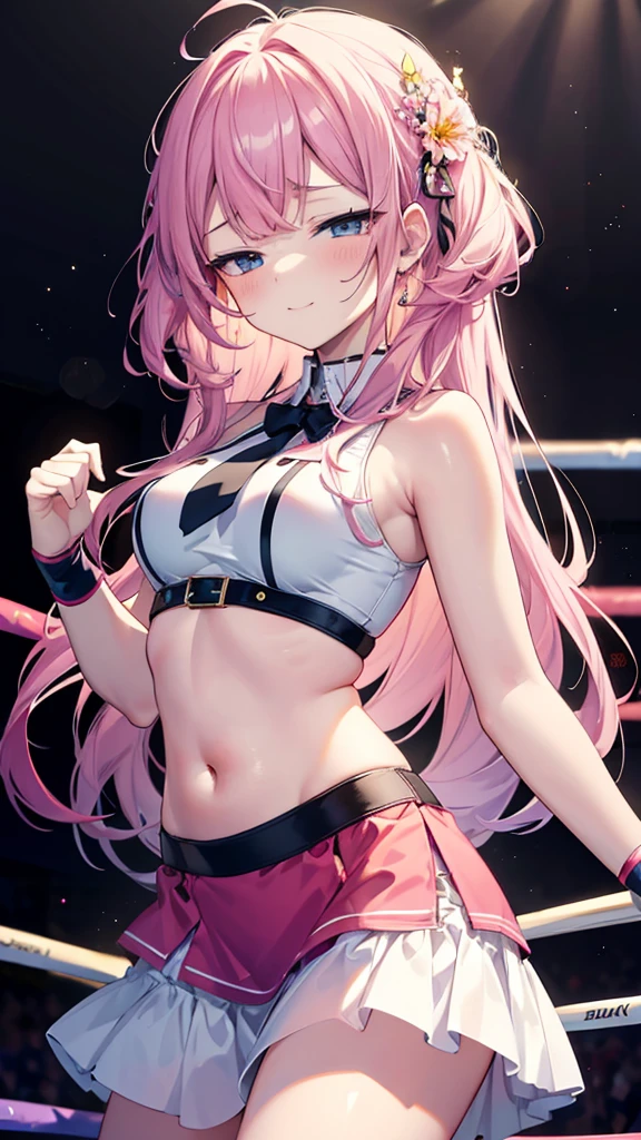 Cute girl with skirt belly punch in the corner of the ring,((masterpiece)), pink long hair,beautiful white skin、 ((charming))、happy smile、perfect proportions、(((Kickboxing)))、(((Mixed wrestling))), cute woman, baby face, BREAK source_anime, high detail, looking at viewer,POV, large chest, best quality, highly detailed, young face, white background,Droopy eyes, Calm face,A relaxed face,she attacks,frilly skirt
