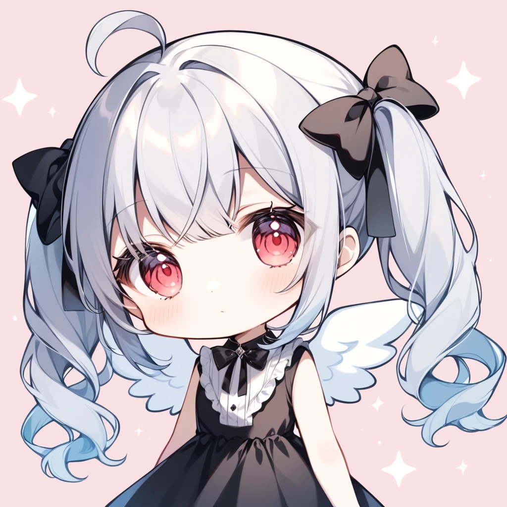 pastel colors, chibi, (little angel:1.5), 1girl, red eye, twin tails, silver hair, ahoge, black ribbon, black dress