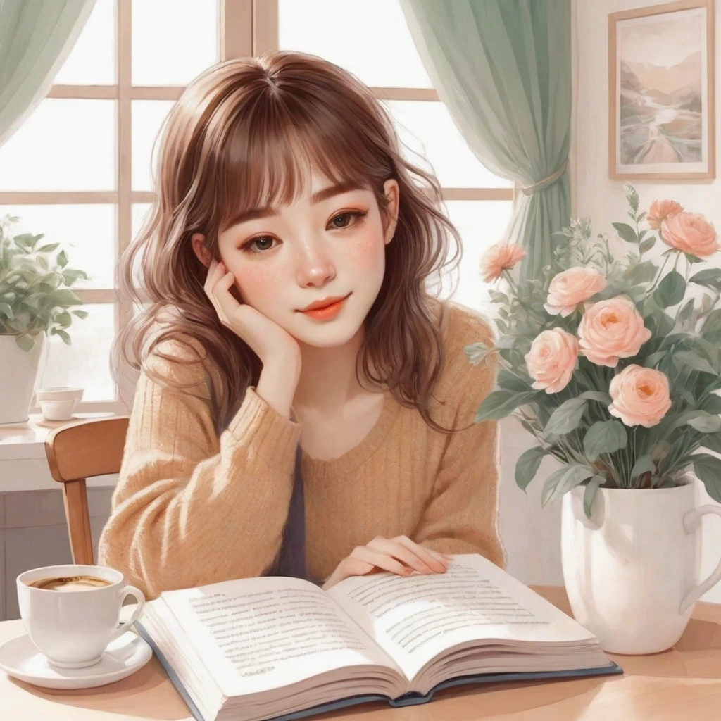 anime girl reading a book and drinking coffee at a table, happy cozy feelings, relaxing mood, cute illustration, realistic cute girl painting, beautiful illustration, beautiful drawing style, dreamy illustration, cozy place, relaxed expression, thoughtful ),cabelo negros. cozy wallpaper, by Kim Jeong-hui, cozy aesthetic, infp girl, drawing style, exciting illustration, lofi girl