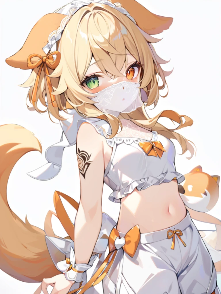 1girl, animal ears, bangs, bare shoulders, blonde hair, blush, bow, breasts, white cleavage, cropped torso, , green eyes, hair ribbon, heterochromia, , looking at viewer, open mouth, orange bow, orange eyes, orange ribbon, ears of an unusual animal, a real tail, a fluffy tail, two tails on the sides, ribbon, solo, stuffed animal, , upper body, full-length, white legbands, white shoes with lace and white bows, white background, wrist cuffs, yellow eyes, bloomers, close-up, fair skin frills, lace, midriff, skirt, solo, , white background,shorts, white top with ribbon and lace and trousers,trousers, genshin,white slippers with a bow,All clothes are white, laceAt full height, it stands,long hair, hairstyle like Miku, two long tails on the sides of the head,face veil, small tattoo on one shoulder, tattoo of ears and curved patterns
