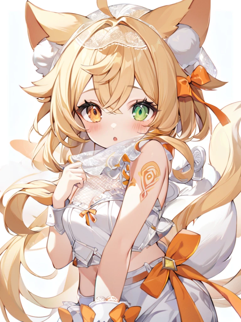 1girl, animal ears, bangs, bare shoulders, blonde hair, blush, bow, breasts, white cleavage, cropped torso, , green eyes, hair ribbon, heterochromia, , looking at viewer, open mouth, orange bow, orange eyes, orange ribbon, ears of an unusual animal, a real tail, a fluffy tail, two tails on the sides, ribbon, solo, stuffed animal, , upper body, full-length, white legbands, white shoes with lace and white bows, white background, wrist cuffs, yellow eyes, bloomers, close-up, fair skin frills, lace, midriff, skirt, solo, , white background,shorts, white top with ribbon and lace and trousers,trousers, genshin,white slippers with a bow,All clothes are white, laceAt full height, it stands,long hair, hairstyle like Miku, two long tails on the sides of the head,face veil, small tattoo on one shoulder, tattoo of ears and curved patterns