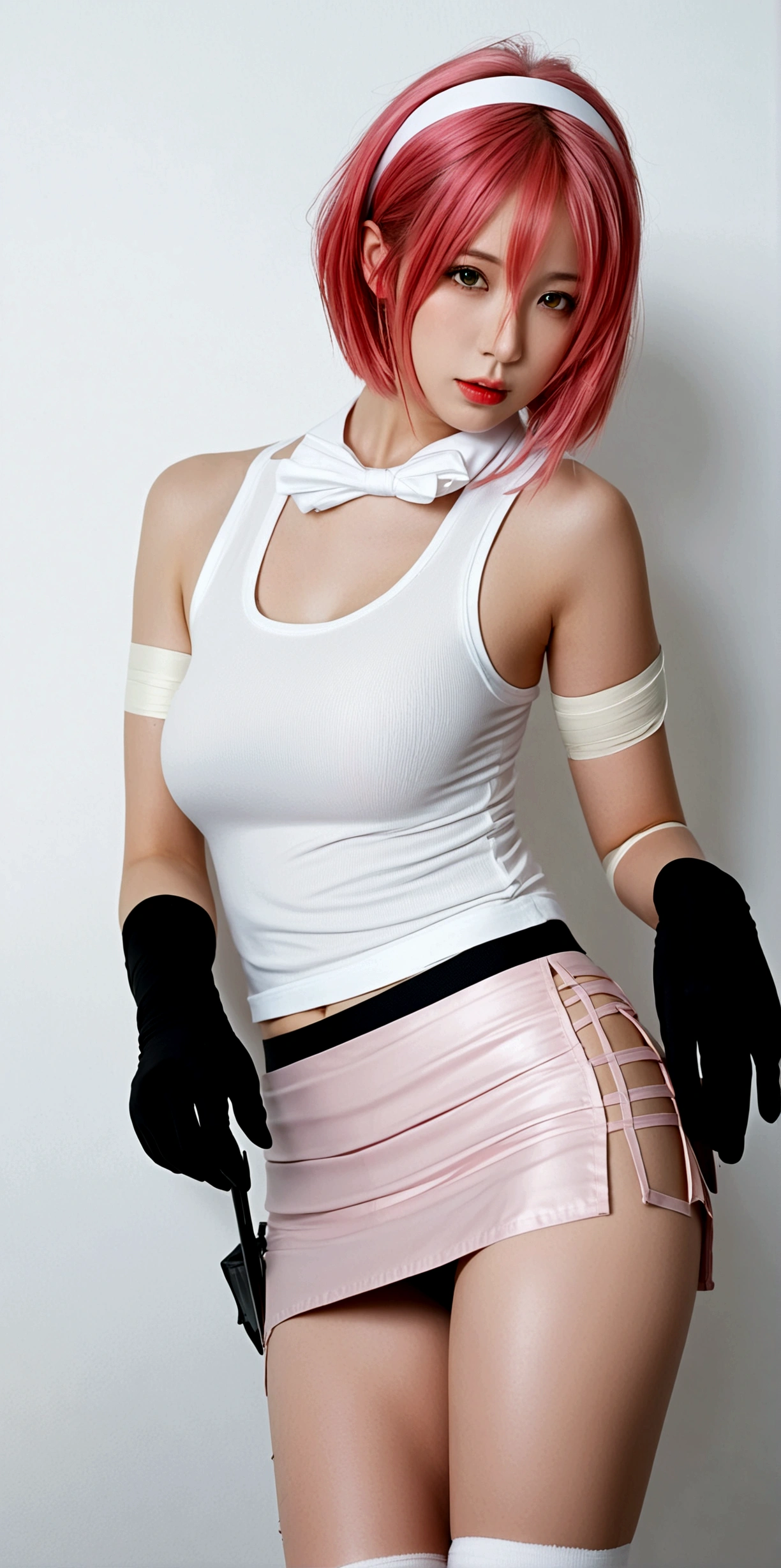 1girl, solo, breasts, looking at viewer, short hair, skirt, simple background, shirt, gloves, bare shoulders, medium breasts, closed mouth, green eyes, pink hair, hairband, sleeveless, black gloves, miniskirt, lips, sleeveless shirt, thigh strap, bandages, white skirt, black background, red shirt, side slit, pencil skirt, red hairband, bandaged leg, haruno sakura