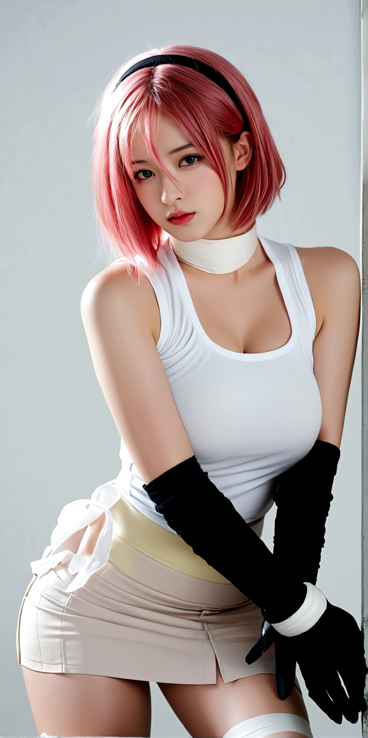 1girl, solo, breasts, looking at viewer, short hair, skirt, simple background, shirt, gloves, bare shoulders, medium breasts, closed mouth, green eyes, pink hair, hairband, sleeveless, black gloves, miniskirt, lips, sleeveless shirt, thigh strap, bandages, white skirt, black background, red shirt, side slit, pencil skirt, red hairband, bandaged leg, haruno sakura