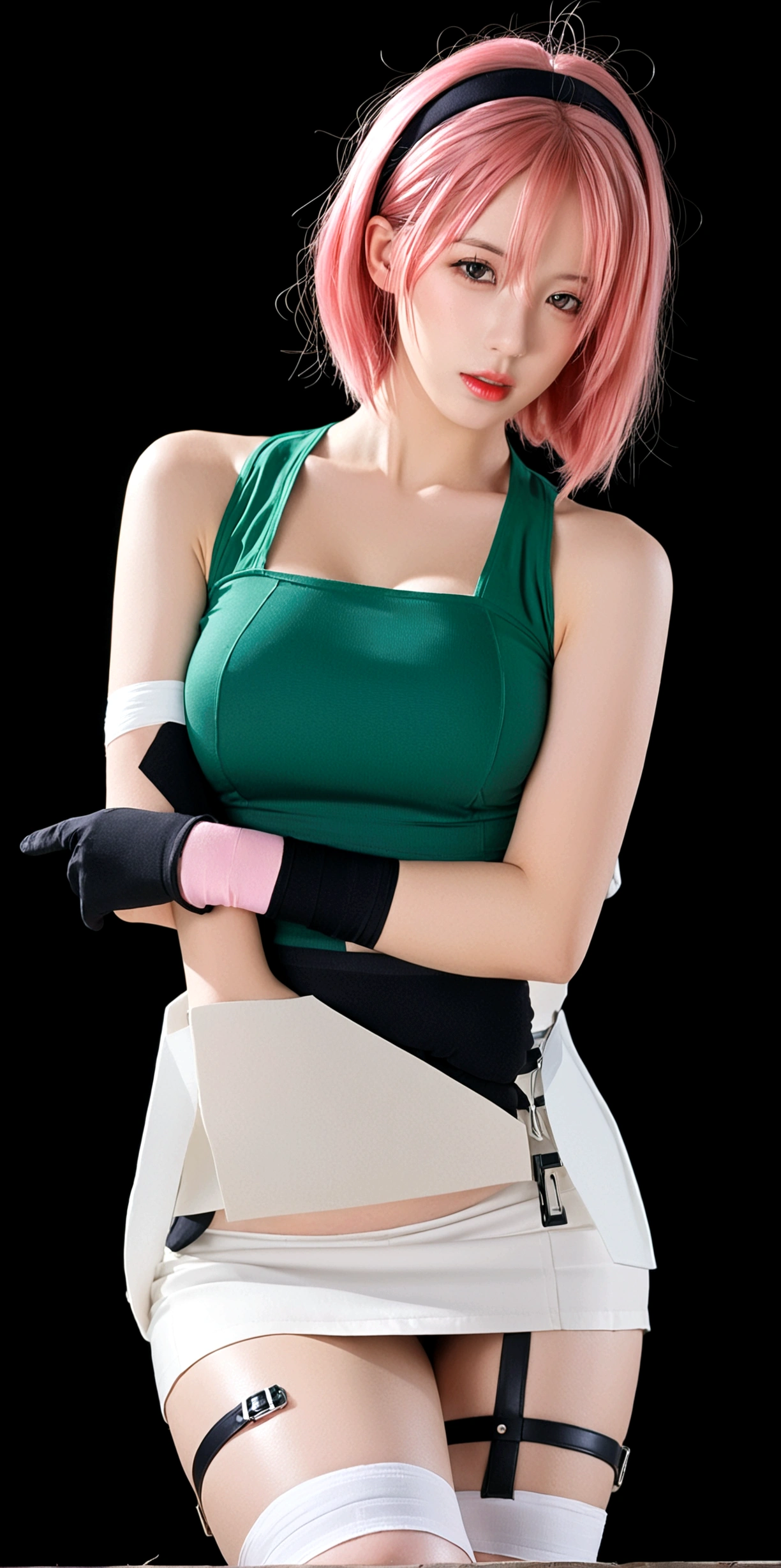 1girl, solo, breasts, looking at viewer, short hair, skirt, simple background, shirt, gloves, bare shoulders, medium breasts, closed mouth, green eyes, pink hair, hairband, sleeveless, black gloves, miniskirt, lips, sleeveless shirt, thigh strap, bandages, white skirt, black background, red shirt, side slit, pencil skirt, red hairband, bandaged leg, haruno sakura