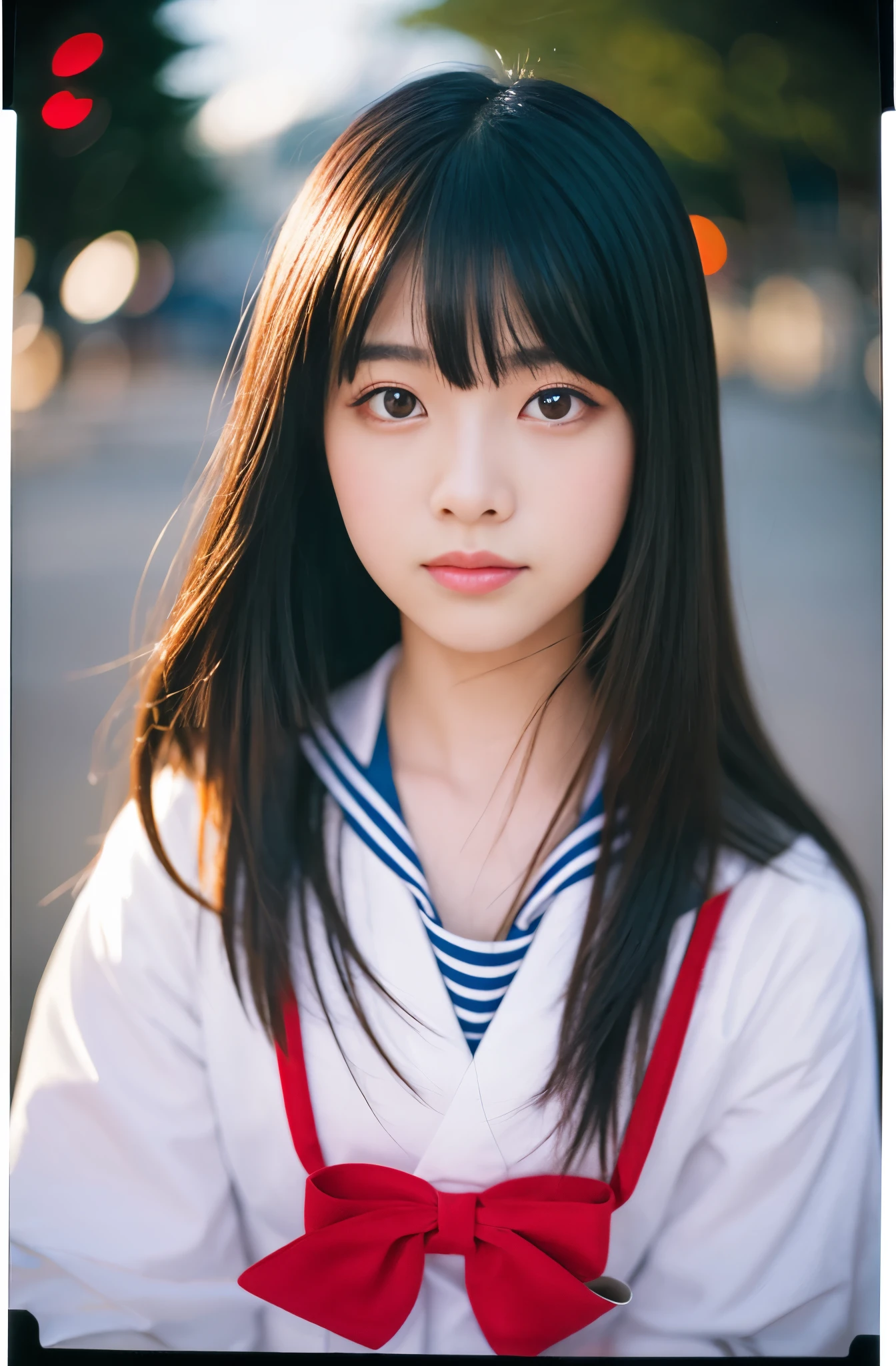 instax, snapshot, Realistic, Photography, jpop girl group's girl, Japanese-idol-face girl, A girl with a face like a beautiful anime cosplayer, 17-years-old, kawaii, Japanese sailor , black hair, straight hair, Lomography, blue and white, cinematic shot, dynamic pose, dynamic angle, in the style of y2k aesthetic
