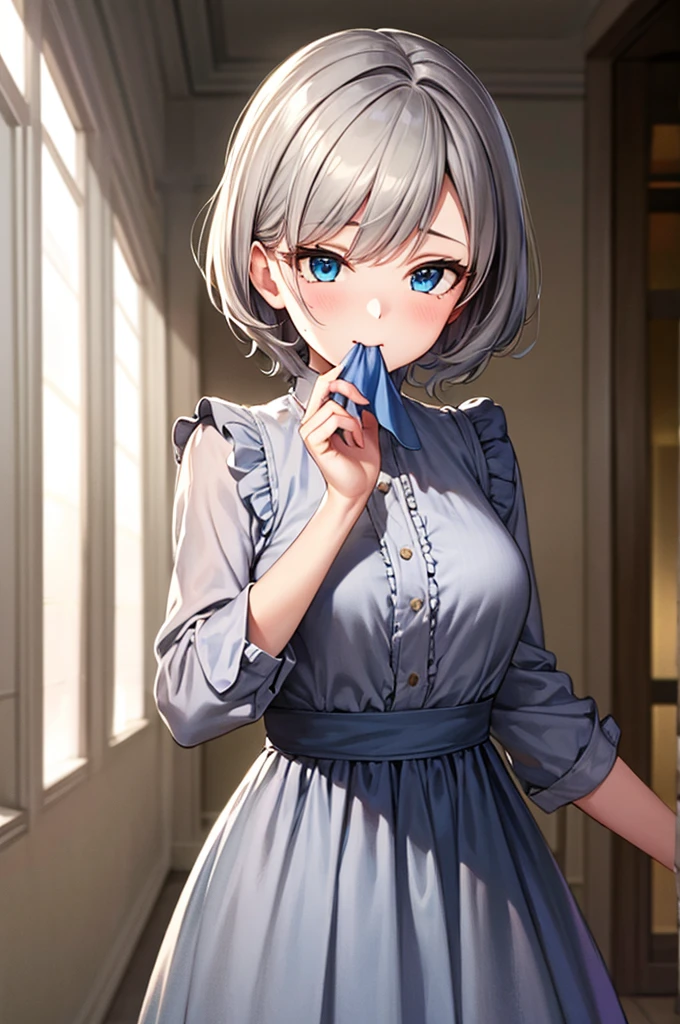 masterpiece, Highest quality, High resolution, One girl, alone, Anastasia (Idol Master), Idol Master cinderella girls, blue eyes, short hair, Grey Hair, Black Dress, Cowboy Shot, , Mouth closed, upper_body,