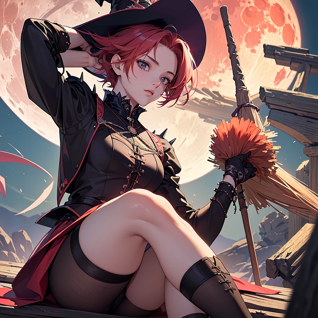 ((best quality)), ((masterpiece)), (detailed),High quality, Ultra detailed, best quality, insanely detailed, beautiful, masterpiece,
One Girl,16 years old, student,witch,violent spiky short hair,red hair,student,(boysh girl),straddle witch's broom, pink colored full moon