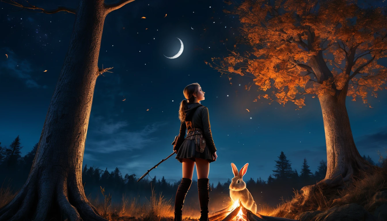 Highest quality Fantasy A young female hunter looking up at a large tree Bonfire rabbit The background is a night forest Crescent Moon