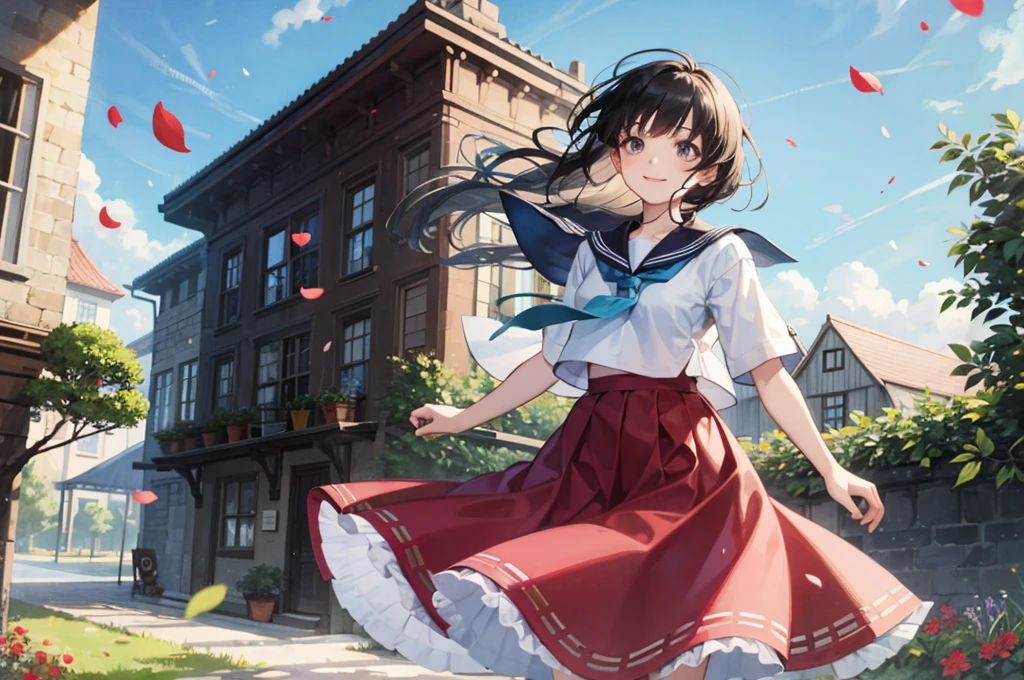 (masterpiece),  town,  blue sky,  One Girl,  smile,  alone,  Sailor suit、Long skirt,  Overgrown,  petal,  plant、Skirt lining、Translucent slip、Nostalgic、Strong winds、Skirt fluttering in the wind