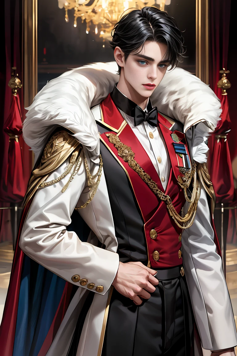 masterpiece, 最high quality, high quality, 1 boy, alone, Male focus, Watching the audience, Messy black hair, Adorable big blue eyes, White people, Noble, Noble,Sexy voluminous black and red cape、Tuxedo、A very voluminous, large, very large, very large, long, long red and black cape with a high stand-up collar, reaching down to the floor, made of a lot of fabric., ,Cute beautiful boys,Cute, cute, kind, handsome guy