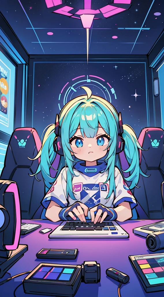 Gamer girl decorates game room with RGB lights. She enjoys choosing the perfect colors and effects. She can't wait to start a new game, Colorful space.