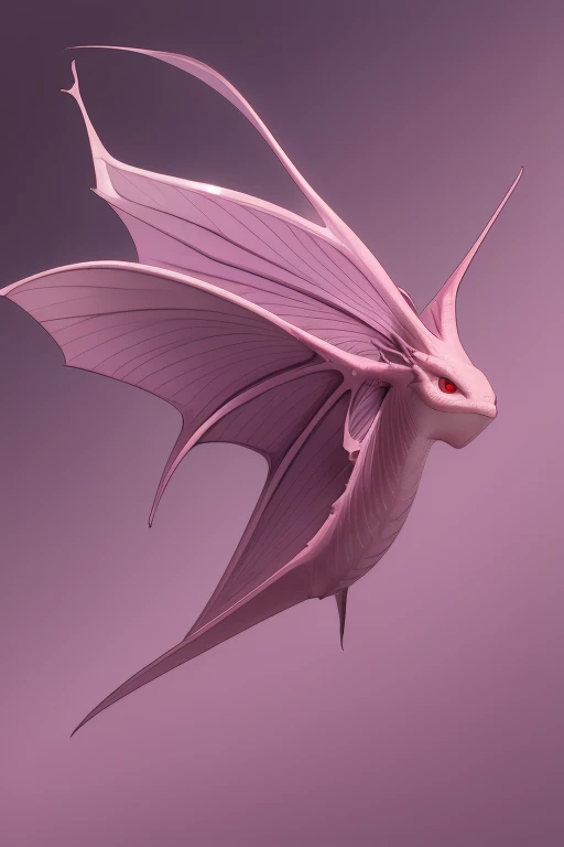 a large pink flying axolotl dragon looking directly at the viewer pale purple background