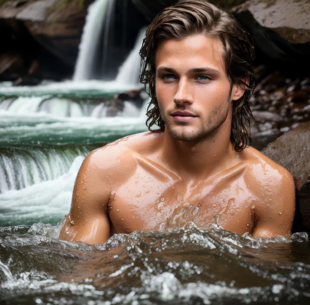 Close-up landon jensen, brown hair, bathing in a waterfall. Perfect skin. Blue eyes, raw photo, wet hair. Real skin. Sexy look. Natural light. Very detailed face. Photorealistic, hyperdetailed, high quality, 8k