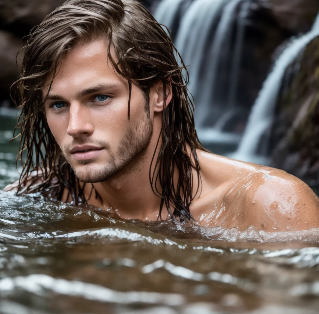 Close-up landon jensen, brown hair, bathing in a waterfall. Perfect skin. Blue eyes, raw photo, wet hair. Real skin. Sexy look. Natural light. Very detailed face. Photorealistic, hyperdetailed, high quality, 8k