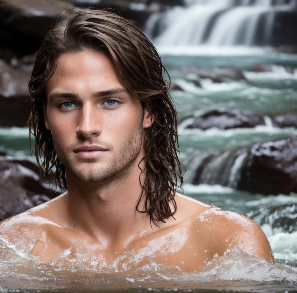 Close-up landon jensen, brown hair, bathing in a waterfall. Perfect skin. Blue eyes, raw photo, wet hair. Real skin. Sexy look. Natural light. Very detailed face. Photorealistic, hyperdetailed, high quality, 8k