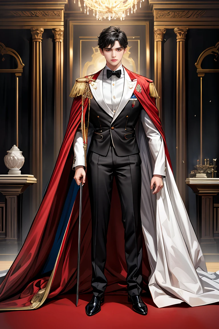 masterpiece, 最high quality, high quality, 1 boy, alone, Male focus, Watching the audience, Messy black hair, Adorable big blue eyes, White people, Noble, Noble,Sexy voluminous black and red cape、Tuxedo、A very voluminous, large, very large, very large, long, long red and black cape with a high stand-up collar, reaching down to the floor, made of a lot of fabric., 17 years old,Cute beautiful boys,Cute, cute, kind, handsome guy