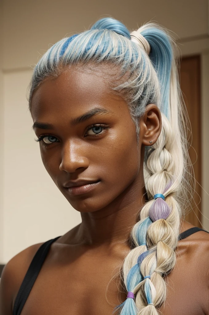 man with somewhat long white hair tied in a small ponytail,brown tea skin,eyes of different colors, one blue and the other brown, both colors are pastel in a room