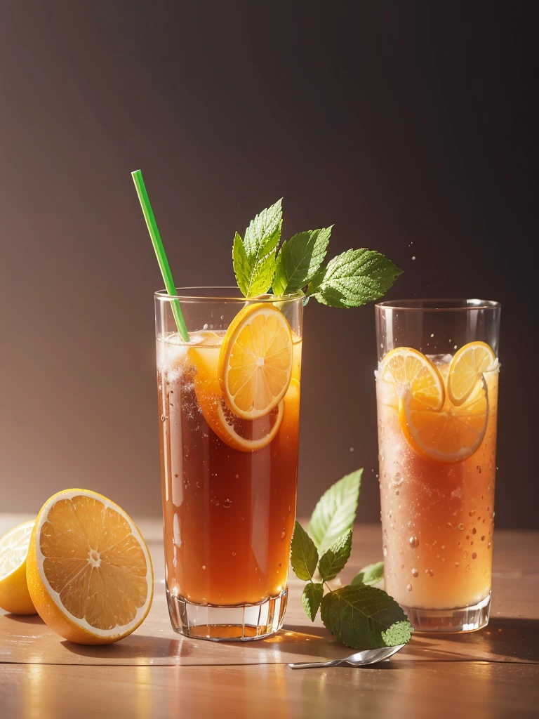 A realistic,best quality, Ultra-HD, sharp and complex image of a fresh drink advertisement with the logo saying Es Teh Monggo, with a transparent 18 oz plastic cup scheme on a luxurious wooden table, a light source from behind, a dynamic image, a dark tea splash effect, some ice tubes, some water puddles, some sugarcane pieces, some rock sugar pieces, and a black gradient background, full view. --auto --s2