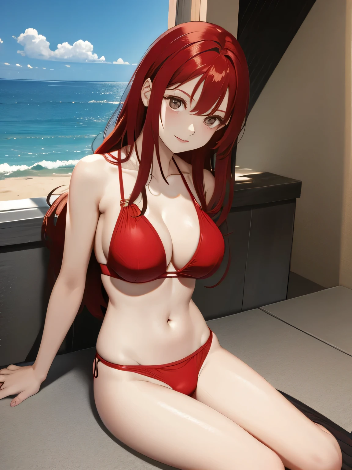 She has red hair、Wearing a separate swim suits