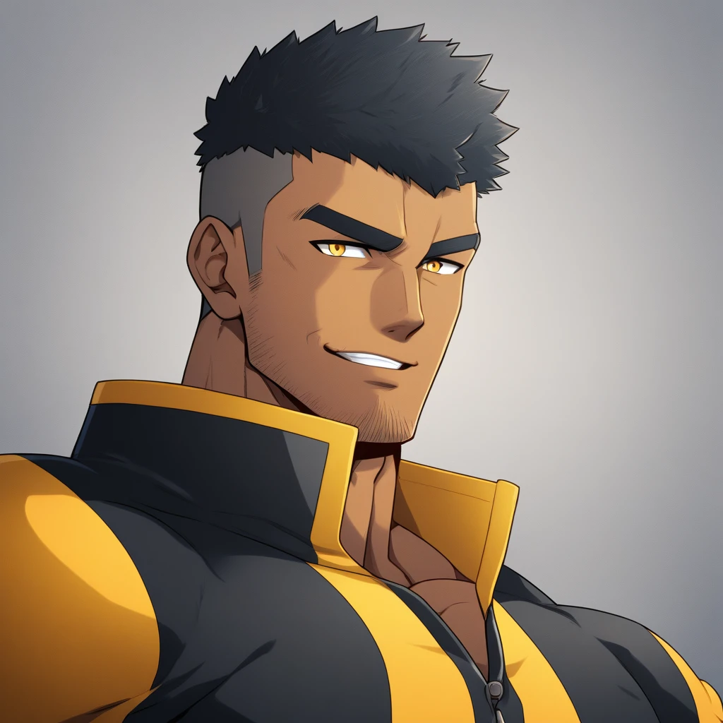 anime characters:Gyee, Muscle Sports Student, negro black skin, 1 dark skin muscular tough guy, Manliness, male focus, Dark yellow high collar long sleeve wetsuit, Matte texture, Very tight, Slightly transparent, muscular male, muscular, only, Upper body, alone, Black short hair, Thick eyebrows, stubble, Yellow eyes, Grey background, simple background, amazing quality, best aesthetics, Ridiculous, bright pupils, crew cut, parted lips, seductive smile, torogao, naughty face, best quality