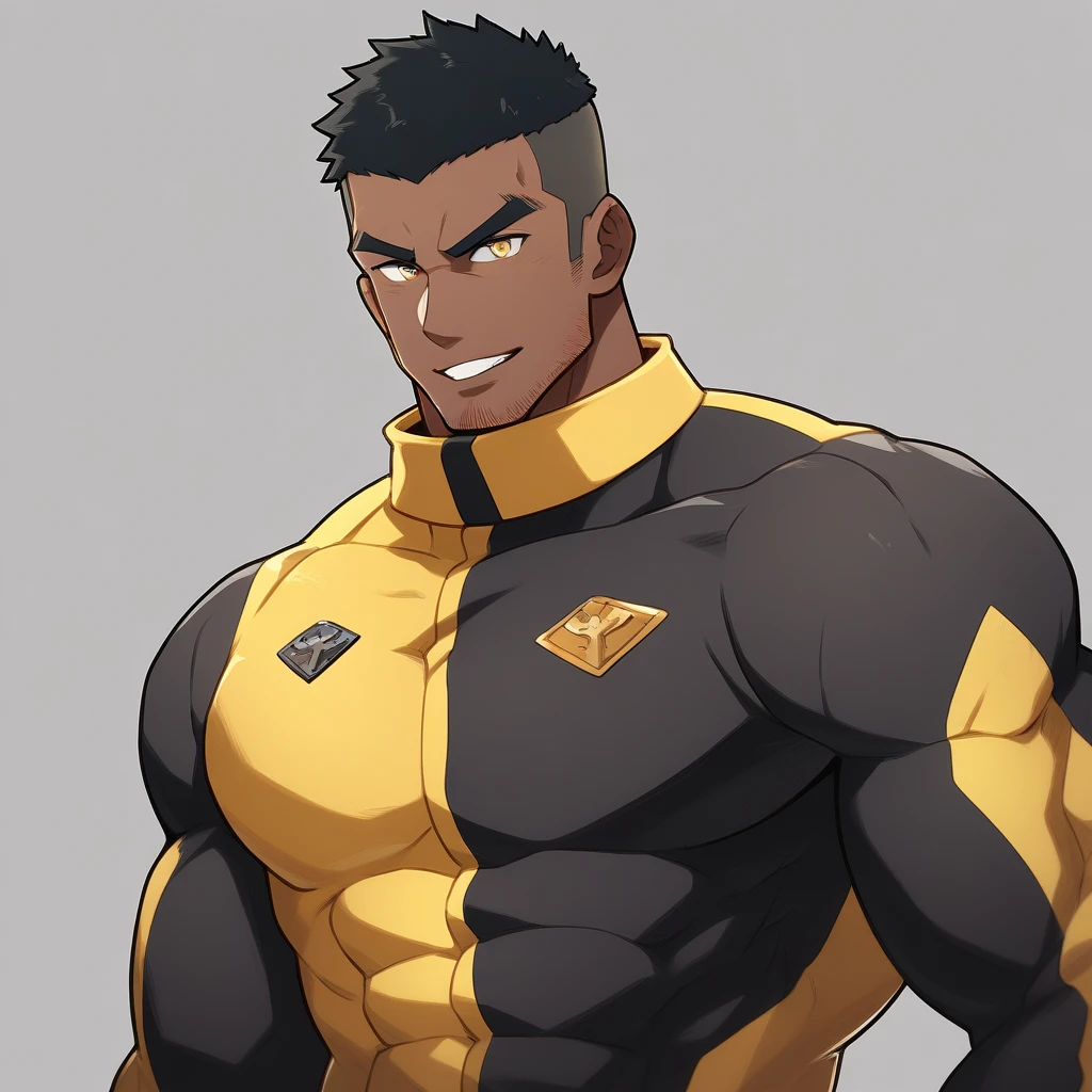 anime characters：Gyee, Muscle Sports Student, negro black skin, 1 dark skin muscular tough guy, Manliness, male focus, Dark yellow high collar long sleeve wetsuit, Matte texture, Very tight, Slightly transparent, muscular male, muscular, only, Upper body, alone, Black short hair, Thick eyebrows, stubble, Yellow eyes, Grey background, simple background, amazing quality, best aesthetics, Ridiculous, bright pupils, crew cut, parted lips, seductive smile, torogao, naughty face,  best quality