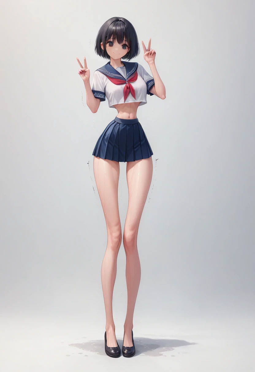 (masterpiece, best quality), front shot,  beautiful 1girl, (micro waist, very long legs:1.3), Black hair, short bob hair, short height, scrawny and thin body, Light Skin, cute big eyes, cute beautiful thin face, forced smile, serafuku, pigeon-toed, wet and sweaty, visible ribs, Beautiful belly button, V sign, Trembling