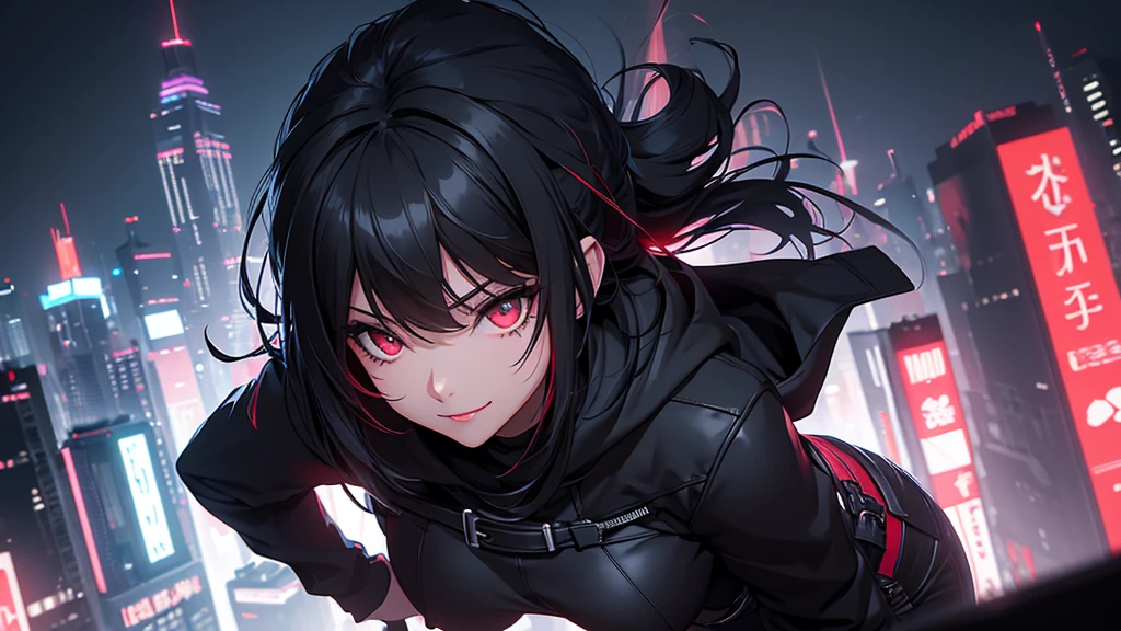 最high resolution,high resolution,Legendary Assassin, Beautiful Teenage Woman,Small breasts,black hooded coat , Grey Shirt,Black pants,Fearless smile, Red lips, Black Hair, Red eyes, realism, Night city view from the top of a skyscraper,Neon Town,Digital Painting, Concept Art, Smooth, Sharp focus, Three-part method, Style Psycho,Detailed Eyes,assassin's creed