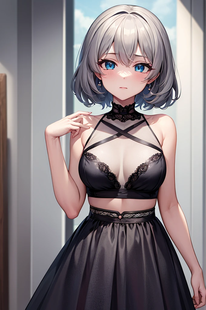 masterpiece, Highest quality, High resolution, One girl, alone, Anastasia (Idol Master), Idol Master cinderella girls, blue eyes, short hair, Grey Hair, Black Dress, Cowboy Shot, ,, upper_body,