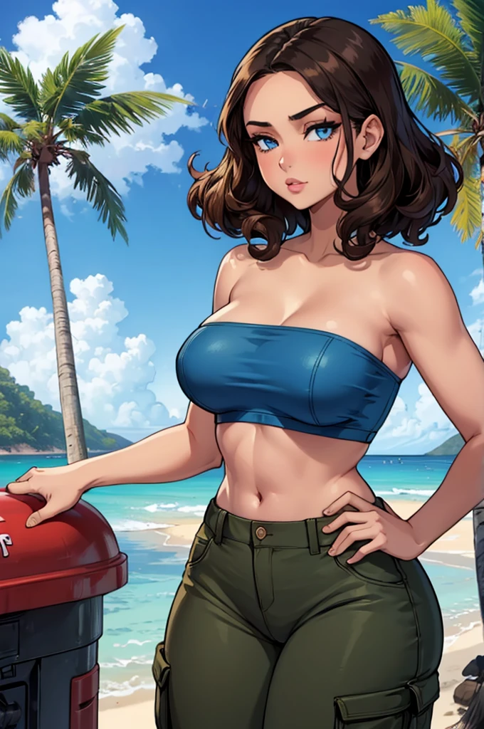 hot girl, perfect face, good forward facial growth, good jawline, blue eyes, brunette, curls, hourglass figure, curvy, wearing tube top and cargo pants, on an deserted tropical island