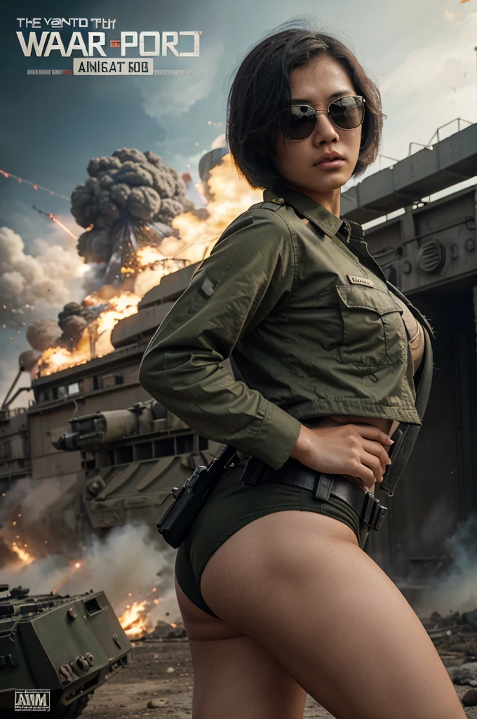 poster image of a beautiful tomboyish Asian woman with short straight hair wearing army uniform wearing sunglasses pointing her firearm against the background of explosions, helicopters, steel tanks, the poster says WAR OF THE WORLD,