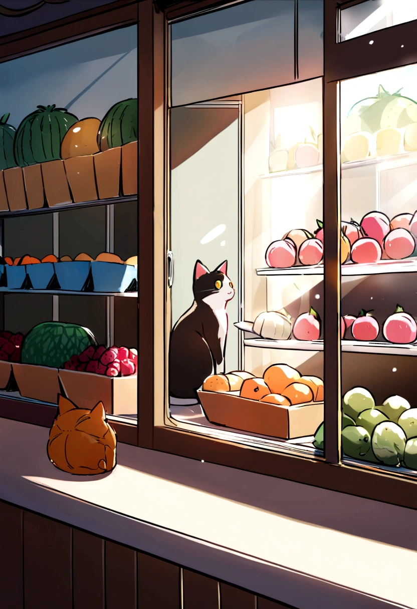 Cute cat with round eyes, At the Ice Fruit Shop , Sunshine outside the window.