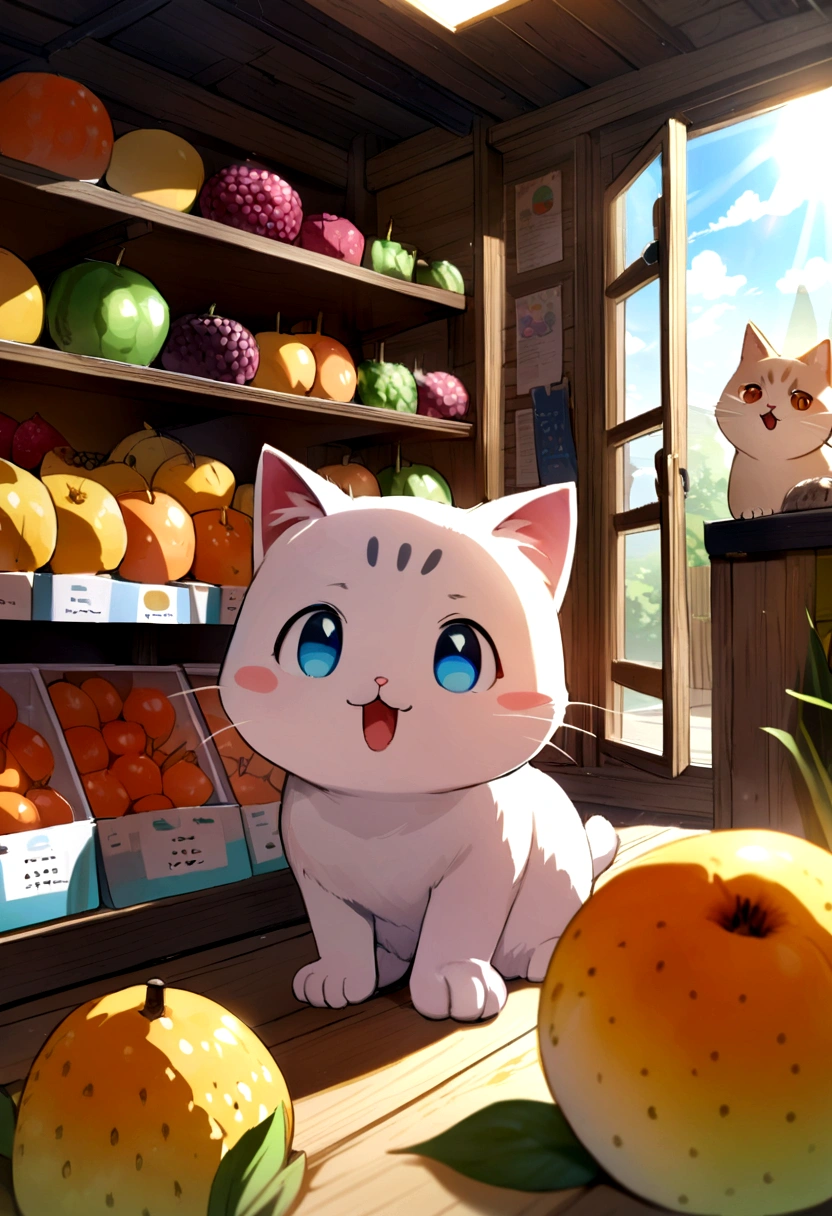 Cute cat with round eyes, At the Ice Fruit Shop , Sunshine outside the window.