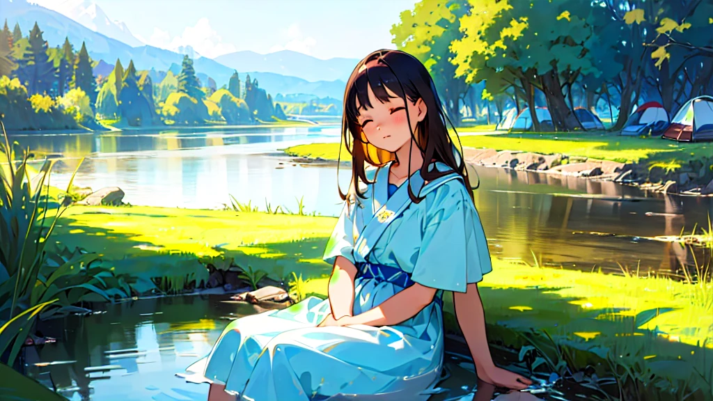 (Highest quality, masterpiece, Ultra-realistic), Beautiful and delicate１５Year-old girl portrait,, Campsite with a river flowing in the background、Sleeping with a calm expression、The time is evening、It&#39;s dark inside the tent