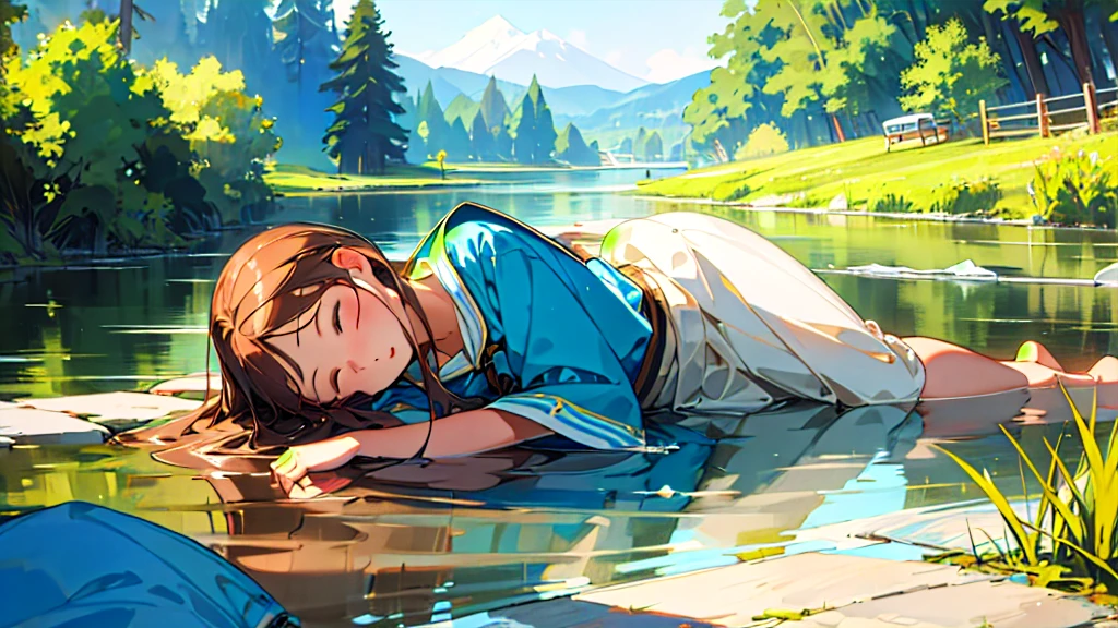 (Highest quality, masterpiece, Ultra-realistic), Beautiful and delicate15Year-old girl portrait,, Campsite with a river flowing in the background、Sleeping with a calm expression、The time is evening、It's dark inside the tent