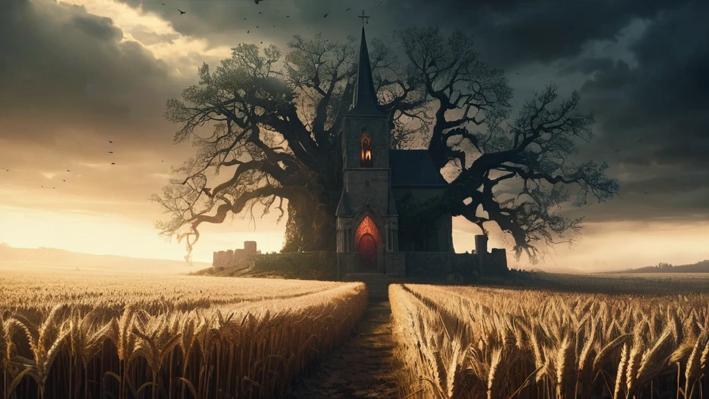 Amidst the swaying wheat stalks under a brooding medieval sky, a sinister presence lurks. At the wheatfield stands an ancient oak, adorned with eerie symbols and flickering candles. Approach cautiously, for here lies a Satanic altar shrouded in mystery and surrounded by whispers of arcane rituals. What secrets and dangers await those who dare to uncover the dark magic that permeates this unholy sanctum?"