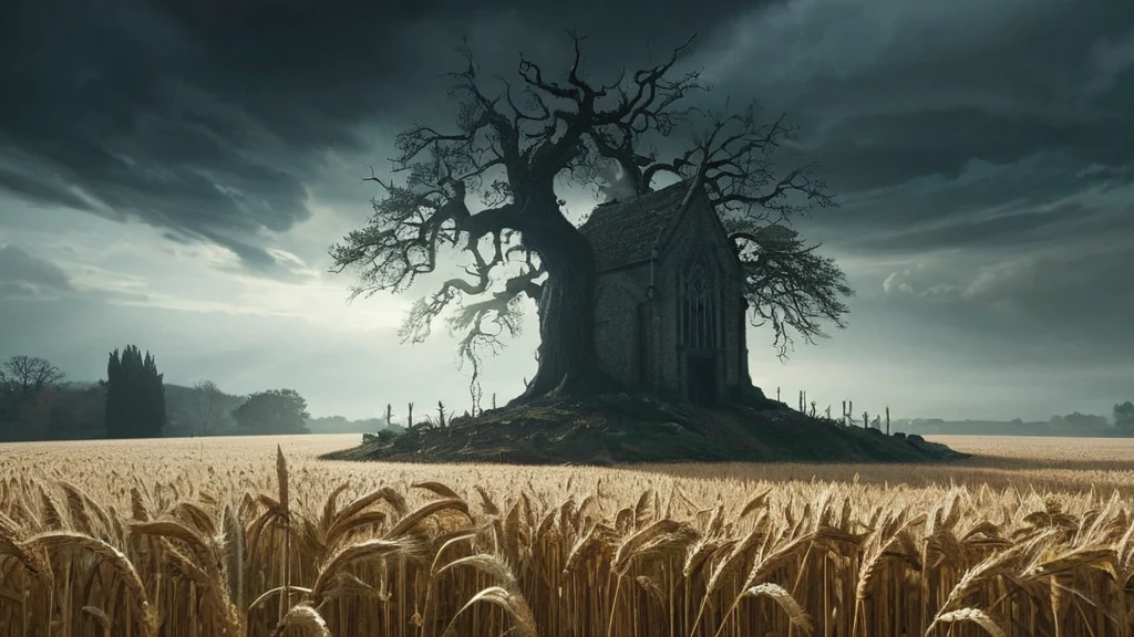 Amidst the swaying wheat stalks under a brooding medieval sky, a sinister presence lurks. At the wheatfield stands an ancient oak, adorned with eerie symbols and flickering candles. Approach cautiously, for here lies a Satanic altar shrouded in mystery and surrounded by whispers of arcane rituals. What secrets and dangers await those who dare to uncover the dark magic that permeates this unholy sanctum?"