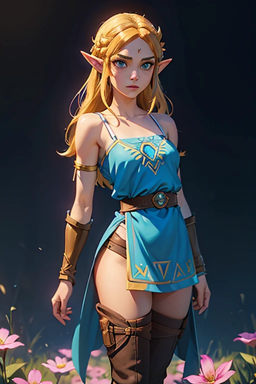 Princess Zelda, 1 girl, artist request, waist belt, hair blonde, chemise azul, Boken, booties, unexpressive, whole body, greeneyes, high resolution, gazing at viewer, magie, nintendo, pants, pointy ears, chemise, shorth hair, simple background, standing alone, A Lenda de Zelda, A Lenda de Zelda: breath of the wild, A Lenda de Zelda: Tears of the Kingdom, flower made of light, magie